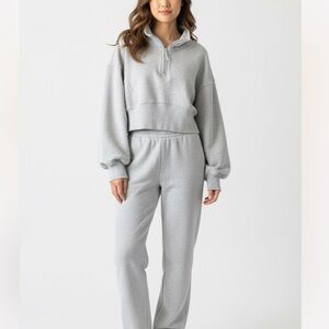 aerie Light Gray Quarter-Zip Cropped Sweatshirt